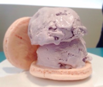 taro ice cream between two delicate macaron cookies
