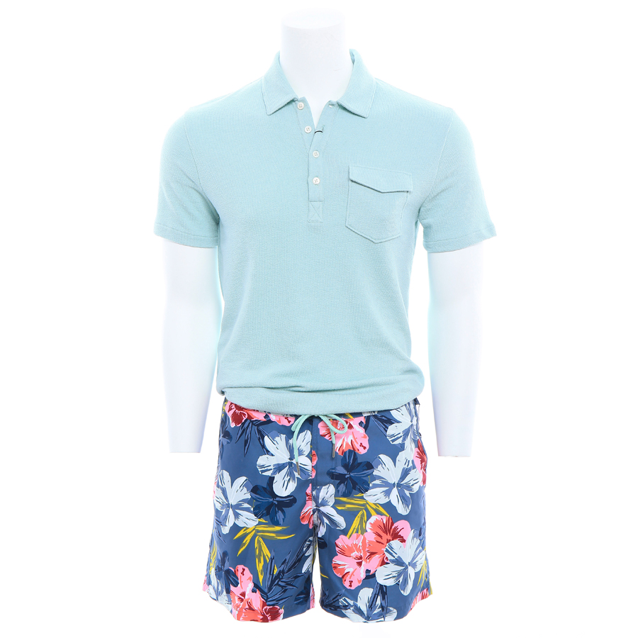 OP Blue Swim Jack 2.0 Polo ($98) and OP Blue Floral Printed Fixed Swim Volley ($150) from Original Penguin