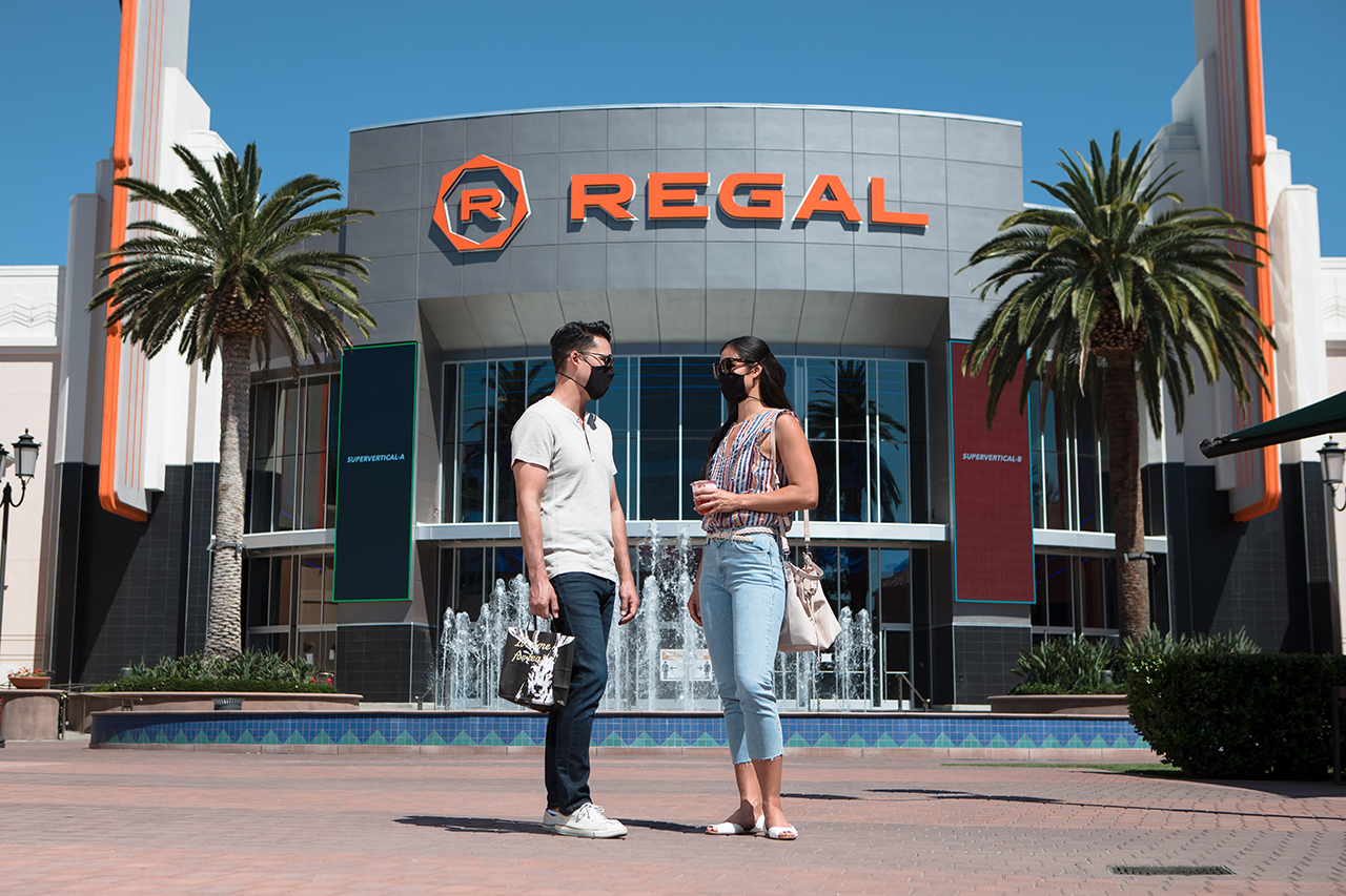 Couple at Regal Courtyard at Irvine Spectrum Center in Irvine, CA.