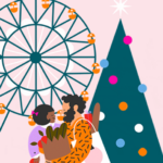 Illustration of the Giant Wheel at Irvine Spectrum Center, a holiday tree, and a father and daughter after grocery shopping