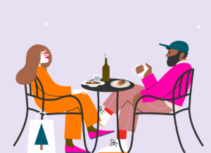 Illustration of two people chatting and eating