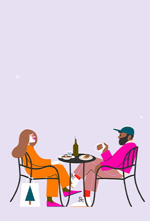 Illustration of two people chatting and eating
